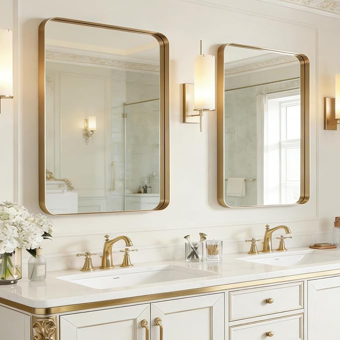 USHOWER Gold Bathroom Mirrors 22"x30" 2 Pack, Brushed Gold Rounded Rectangle Mirrors for Over Sin... | Amazon (US)