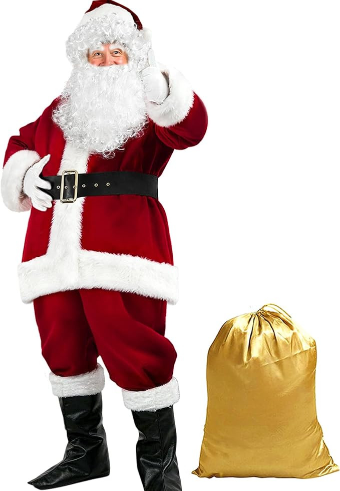 Santa Claus Costume for Men Adult, 9pcs Christmas Deluxe Santa Suit Outfit | Amazon (US)