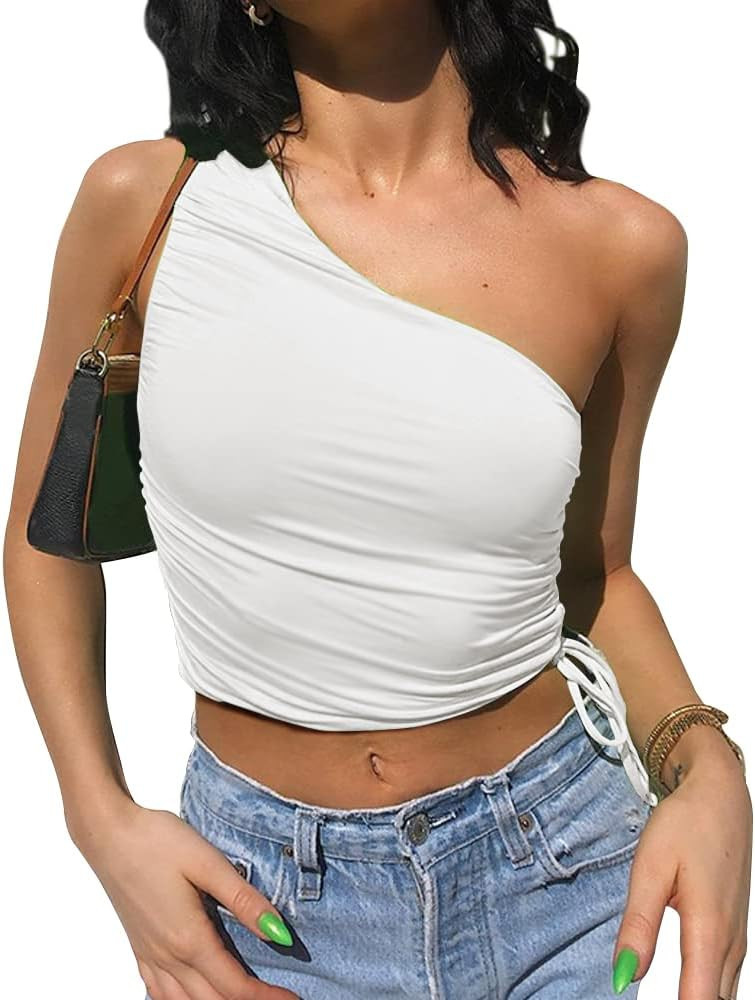 ARTVOGEL Crop Tops for Women One Shoulder Tank Sleeveless Side Drawstring Strappy Ruched Cropped ... | Amazon (US)