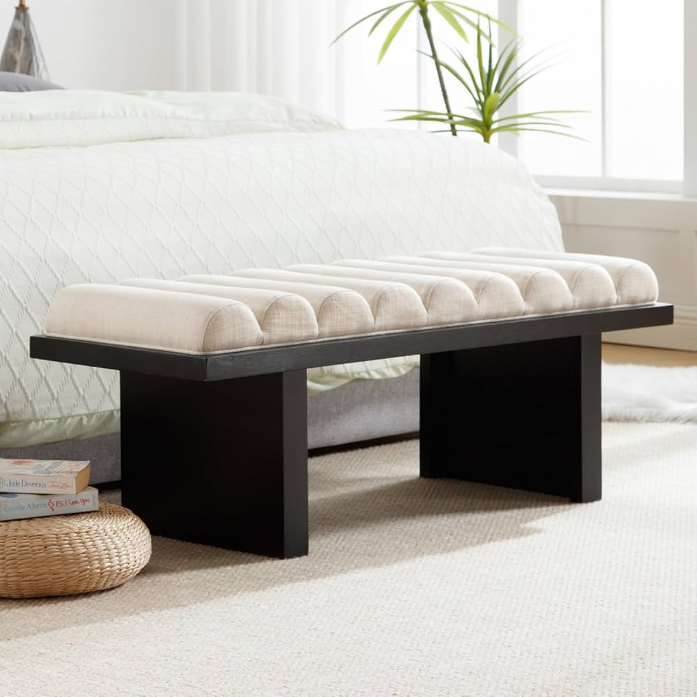 Modern Upholstered Entryway Bench, 47” Linen Fabric Bedroom End of Bed Bench with Cylindrical C... | Amazon (US)