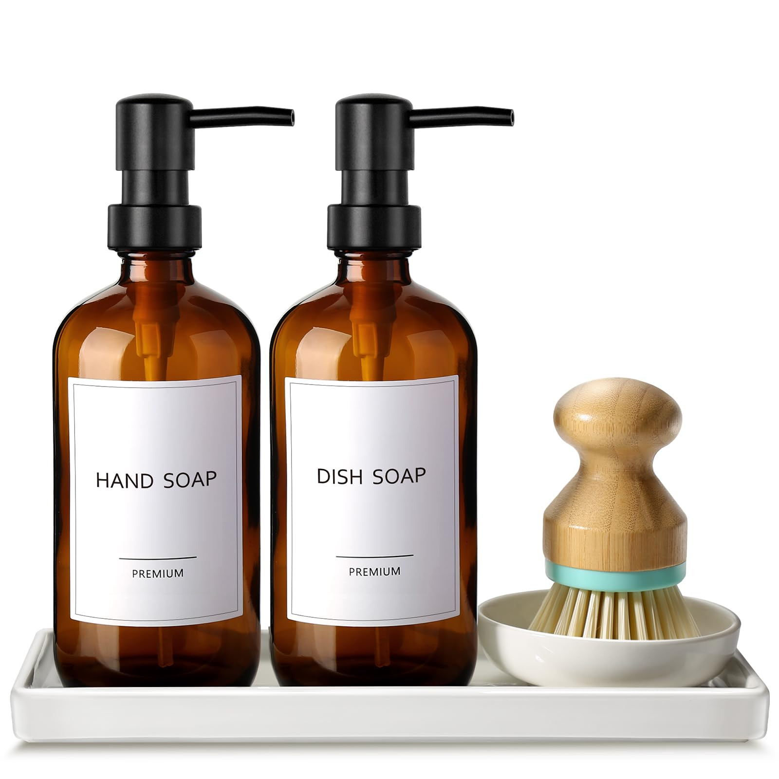 GMISUN Dish Soap Dispenser, 16 Oz Kitchen Soap Dispenser Set with Ceramic Tray & Bamboo Brush, 2 ... | Amazon (US)