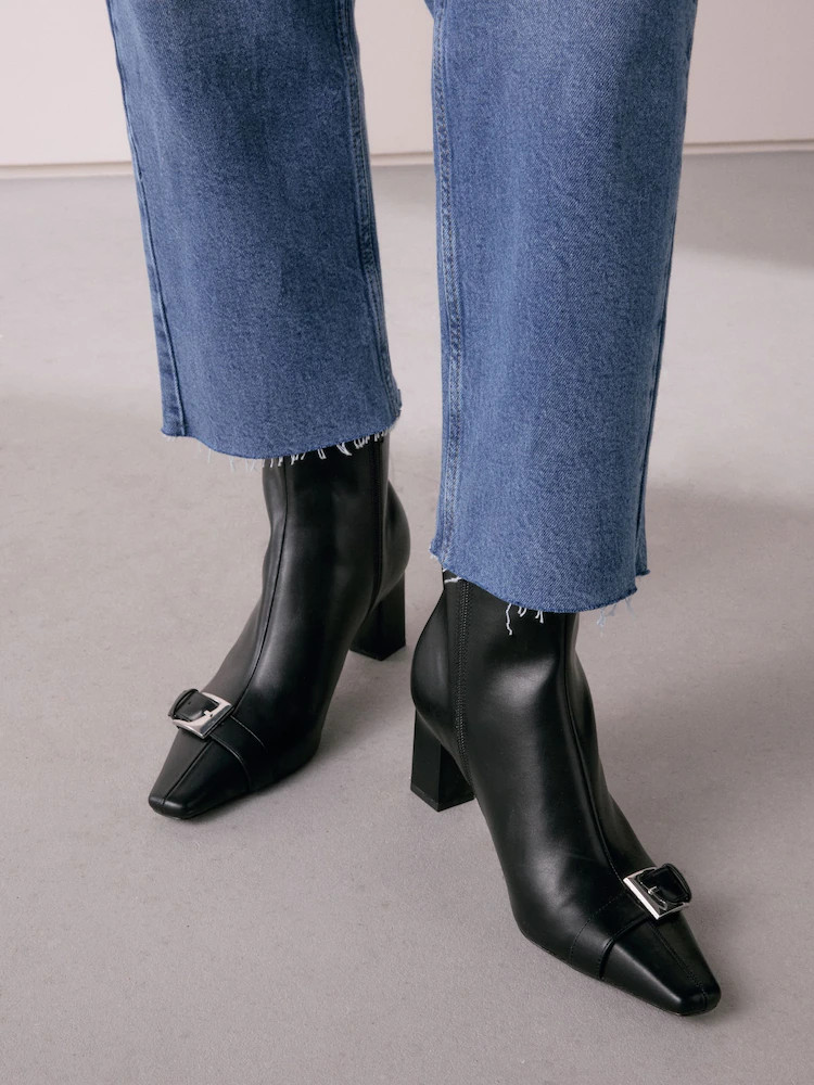 Black Forever Comfort® Point Chisel Toe Block Heel Buckle Detail Boots | Next EU