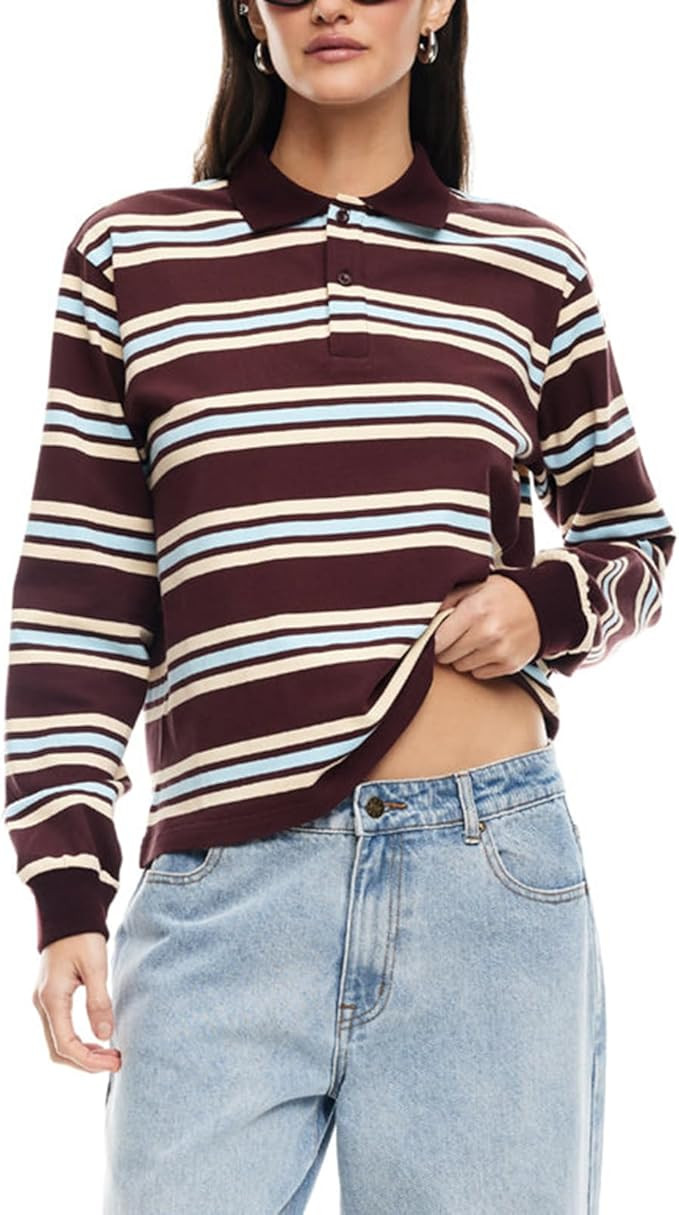 Women's Striped Rugby Shirts Button Up Y2k Long Sleeve Vintage Tee Polo Shirt Preppy Top for Teen... | Amazon (US)