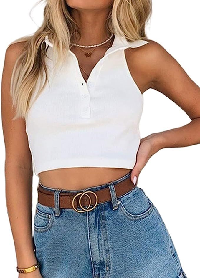 Remidoo Women's Casual Button Front Sleeveless Collared Rib Knit Crop Tank Top | Amazon (US)