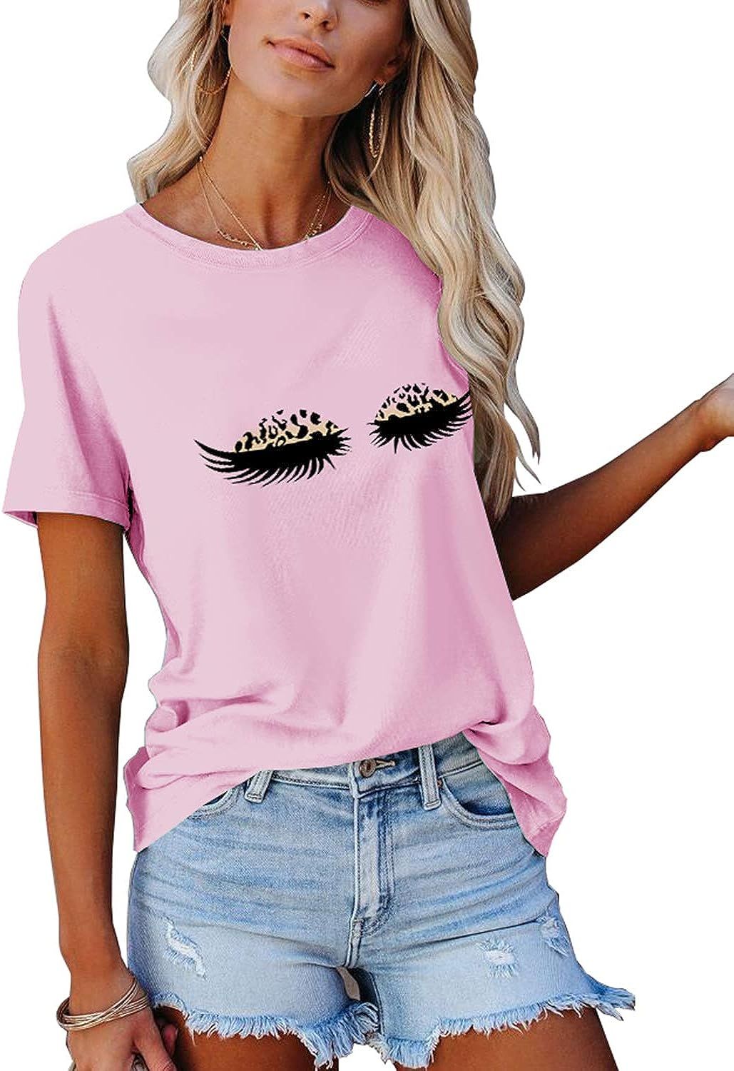 APOFER Women's Casual Short Sleeve Shirts Leopard Lip Print T-Shirts Crew Neck Basic Summer Tops | Amazon (US)