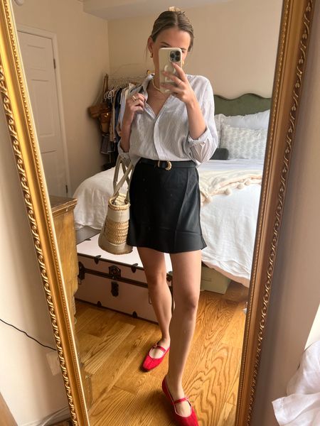 Work outfits for women / late summer outfits / pre fall outfits / mini slip skirt / red flats / red shoes 

#LTKunder50 #LTKFind #LTKworkwear