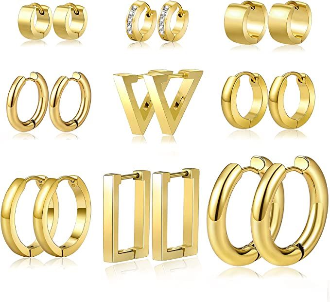 Gold Hoop Earrings for Women, 9 Pairs Lightweight Chunky Hoop Earrings, Hypoallergenic Stainless ... | Amazon (US)
