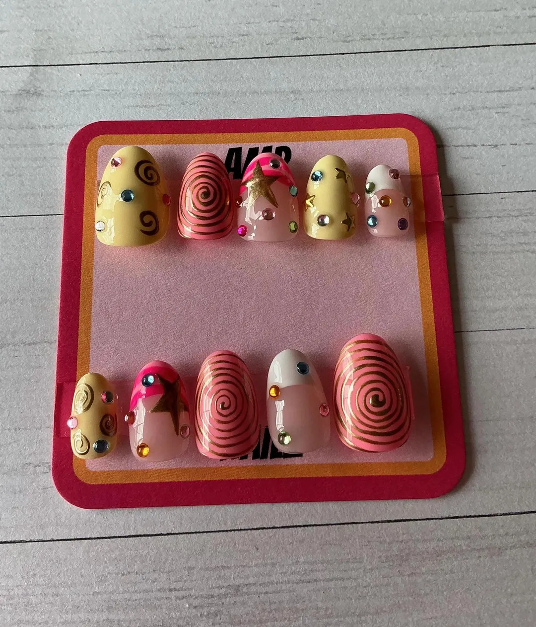 Hand painted pink and yellow embellished press on nails, gold nails, star nails, rhinestone nails... | Etsy (Global)