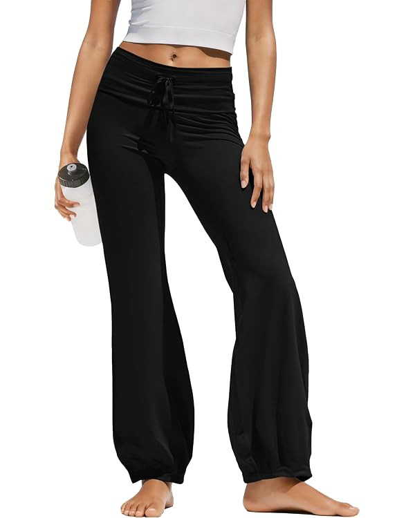 Womens Bubble Yoga Pants Fold Over High Waisted Flared Leggings Drawstring Activewear Pants Pilat... | Amazon (US)