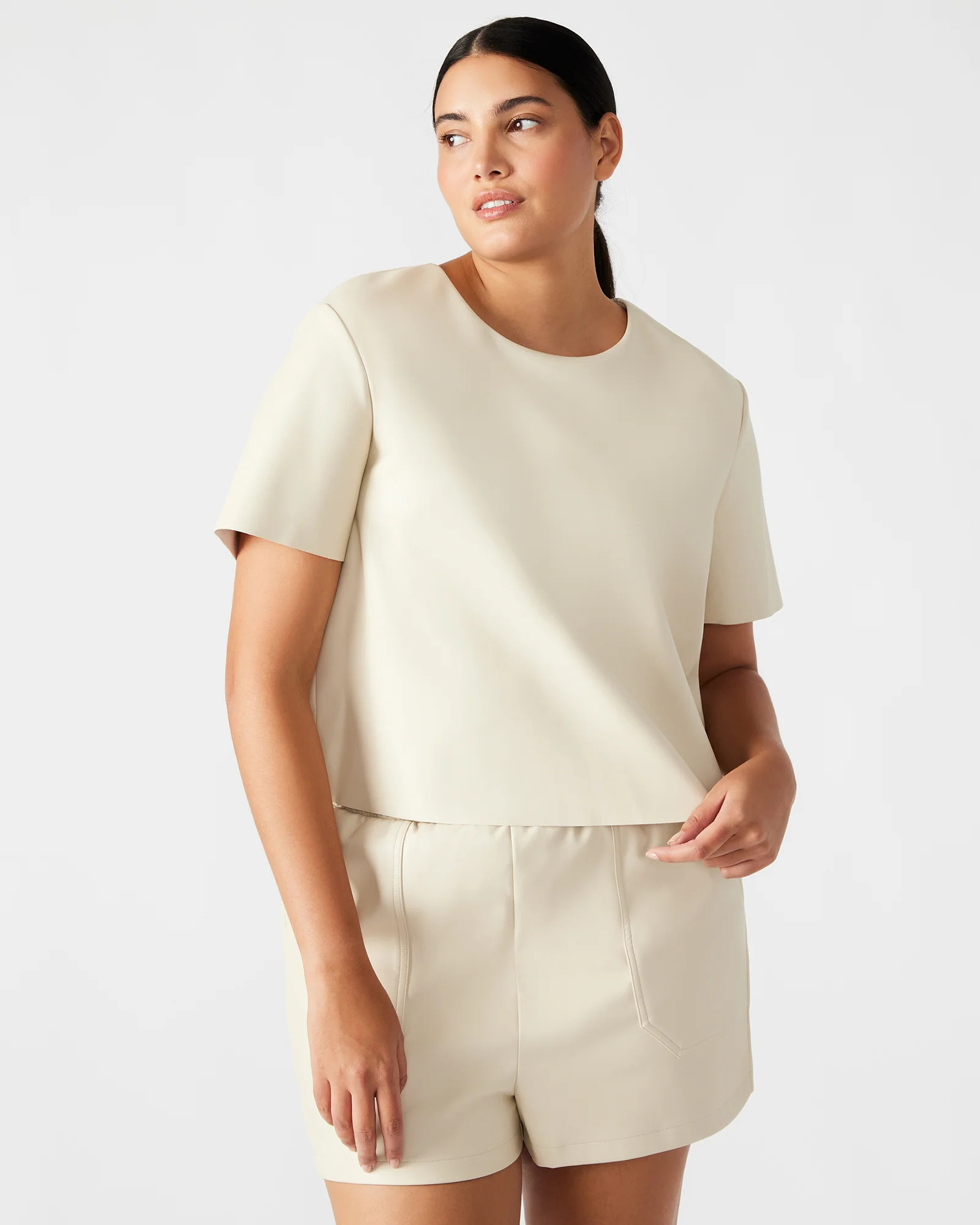 EZRA Bone Women's Short Sleeve Faux Leather Top | Steve Madden (US)