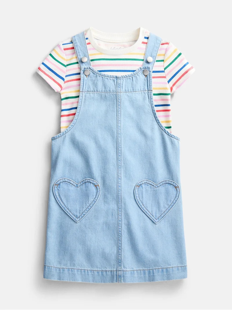 Wonder Nation Little Girls Tee and Pinafore, 2-Piece Outfit Set, Sizes 4-10 | Walmart (US)