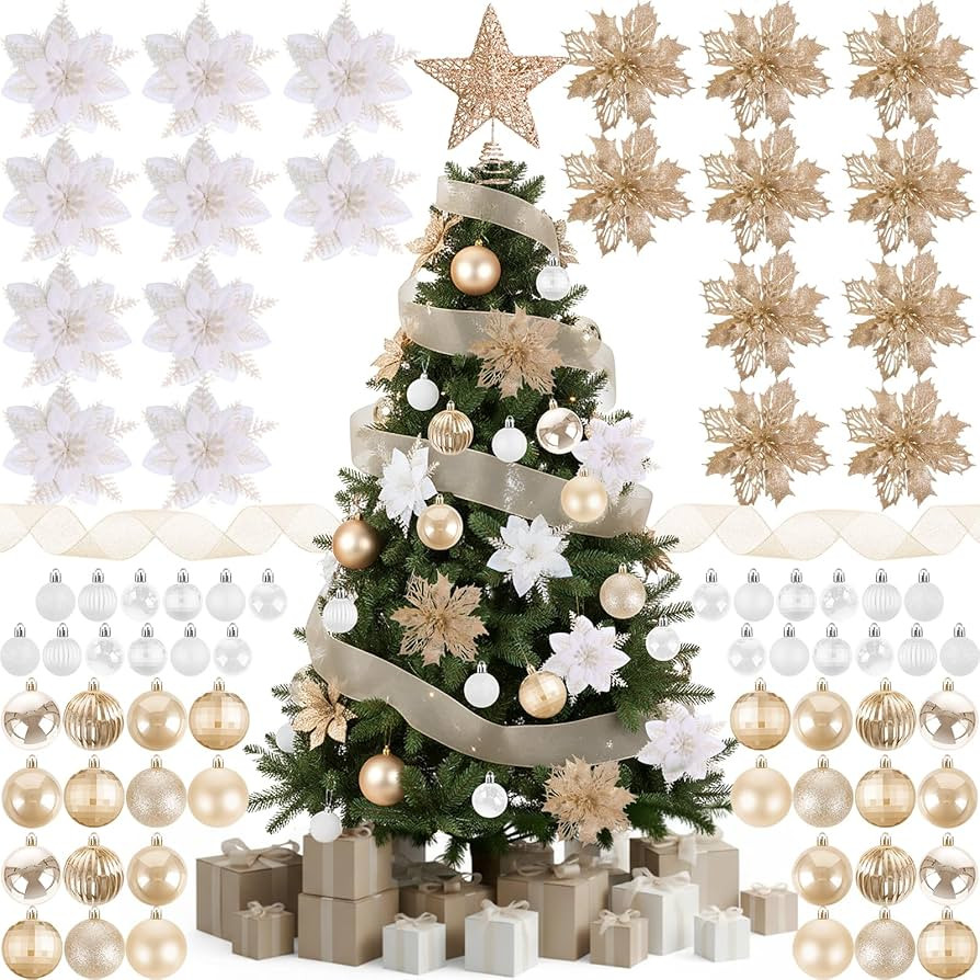 Skylety 104 Pcs Christmas Tree Decorations Set, Champagne & White Christmas Hanging Ornament Ball... | Amazon (US)