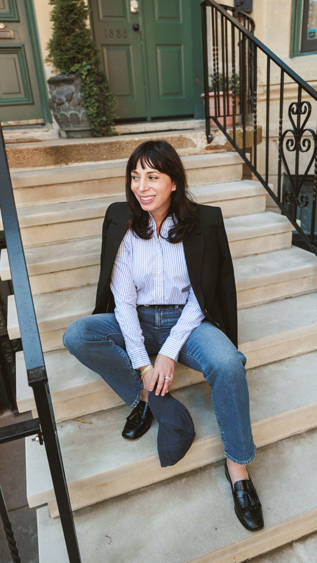 Outfit check with @jcrew. Wearing a classic blue and white stripped shirt, denim, a black blazer and loafers. The blue denim hat is the perfect accessory. #injcrew #ad

#LTKSeasonal #LTKOver40
