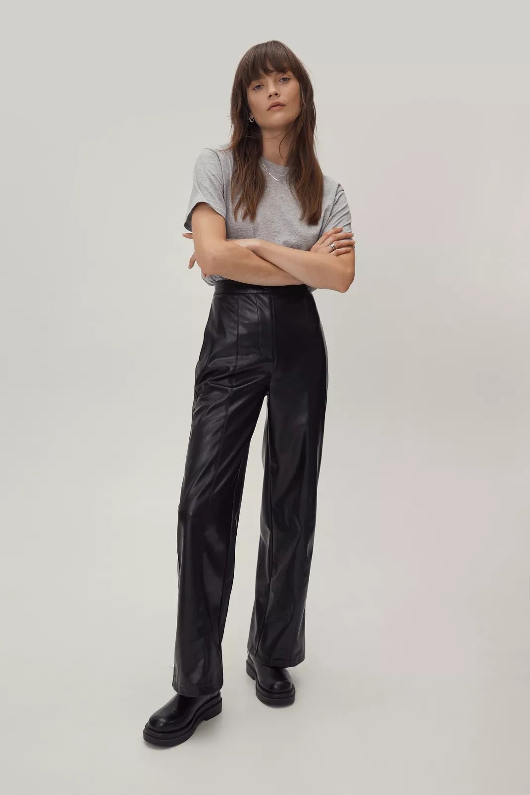 Seam Detail Faux Leather Wide Leg Pants | Nasty Gal (US)