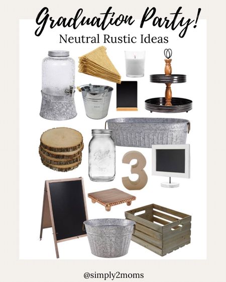 Neutral rustic graduation party is easy to pull together with some simple ideas. Galvanized buckets, tubs and drink dispensers. Wood risers and centerpieces. Papier-mâché numbers and burlap banners. Mason jars for vases with votive candles on wood slices. Chalkboards add to the neutral decor. #graduationpartyideas #farmhousestyle #rusticdecorating

#LTKhome #LTKstyletip #LTKFind