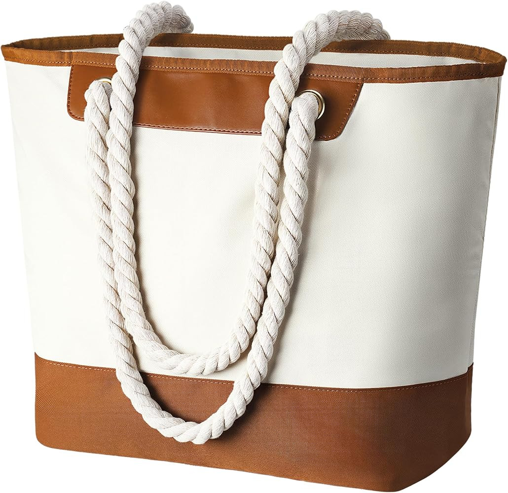 Stylish Waterproof Beach Tote Bag for Women, Large Capacity Zipper Closure with Rope Shoulder Str... | Amazon (US)