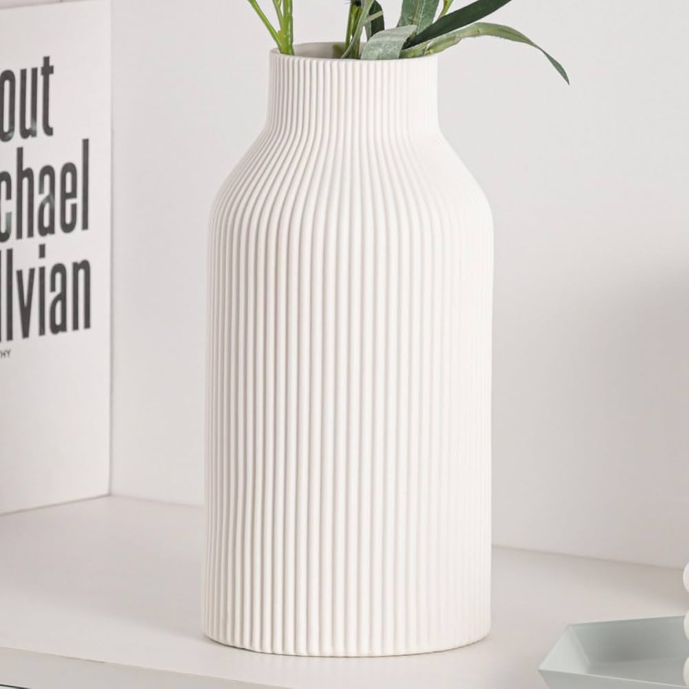 10 Inch White Ceramic Vase for Decor,Minimalist Modern Home Decorative Large Flower Vase for Pamp... | Amazon (US)