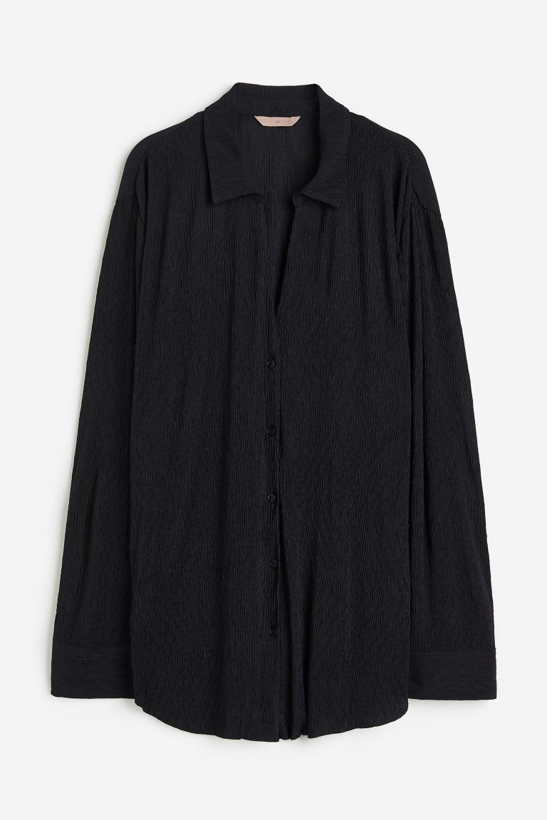 H & M - Crinkled loungewear shirt - Black | H&M (UK, MY, IN, SG, PH, TW, HK)