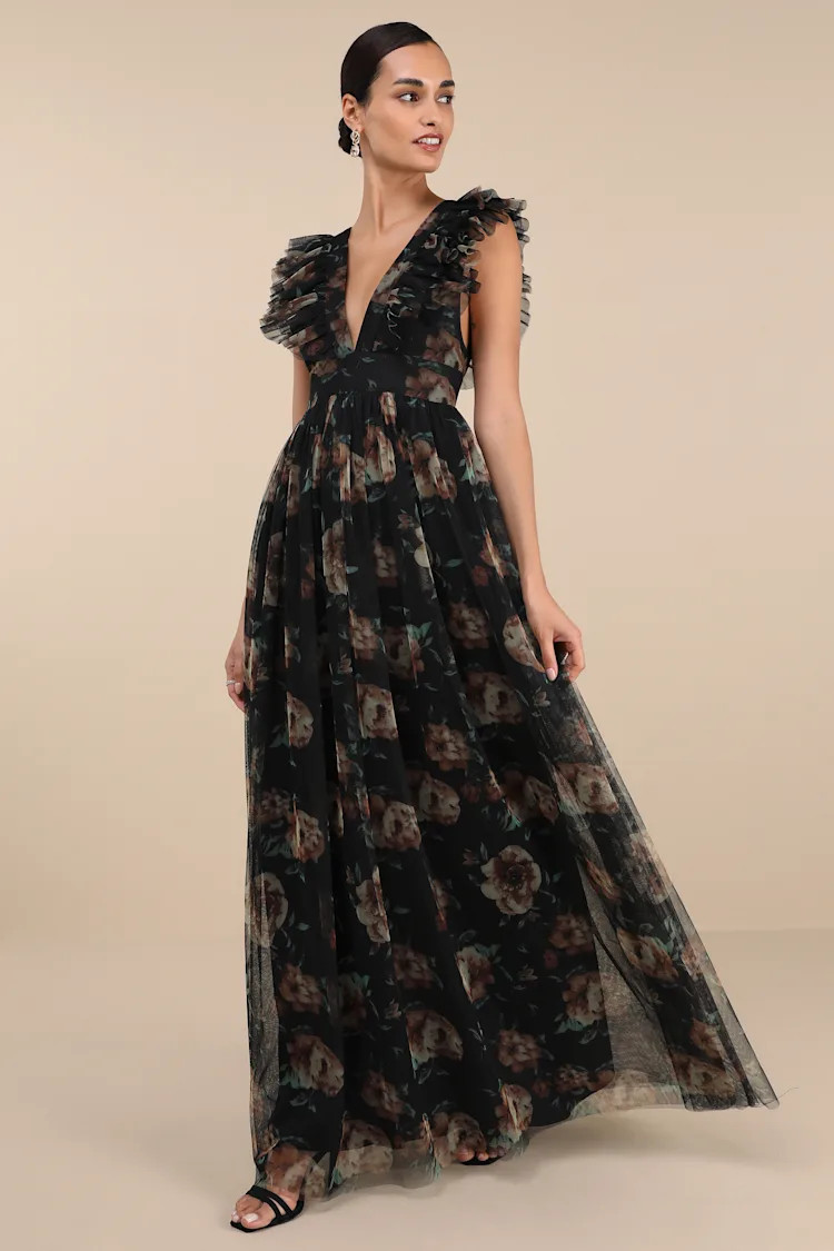 Simply Delighted Black Floral Mesh Ruffled Backless Maxi Dress | Lulus