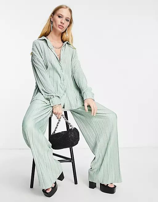 4th & Reckless oversized plisse pants set in sage green - part of a set | ASOS (Global)