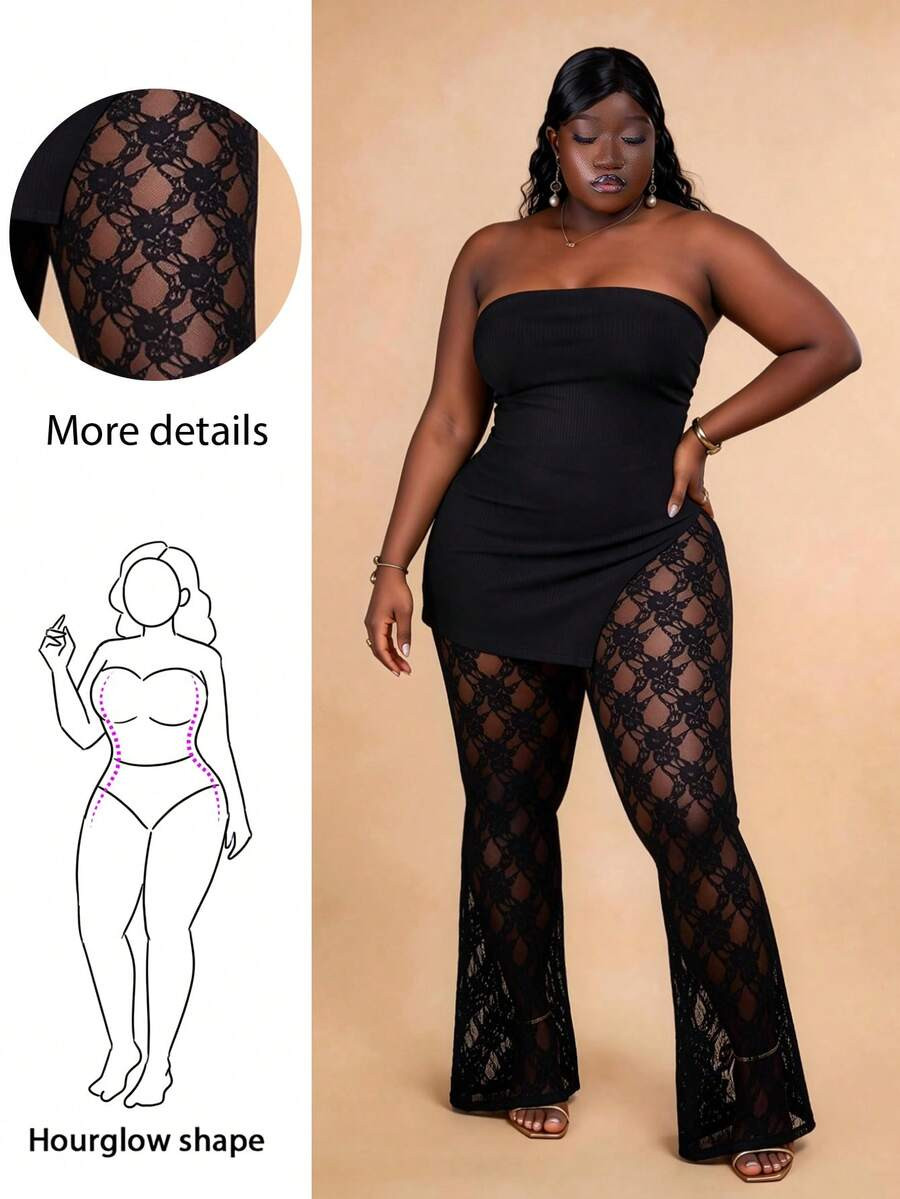 CurvyTilda Plus Size Women's Sexy & Elegant Black Lace 2-Piece Set, Includes Thick Ribbed Bandeau... | SHEIN