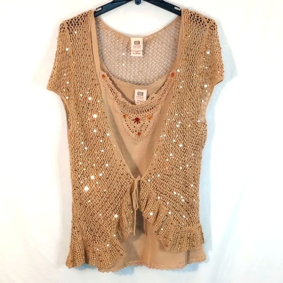 Vintage Y2K Women's Beaded Tank Top With Gold Sequined Crochet Cover Size XL | Poshmark