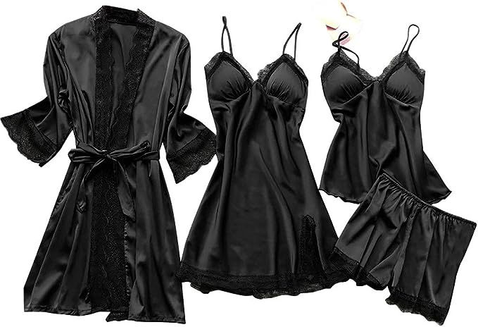 Zainafacai Women's Lingerie Sets 4PCS Silk Satin Pajama Set Cami Top Nightgown Lace Sleepwear Rob... | Amazon (US)