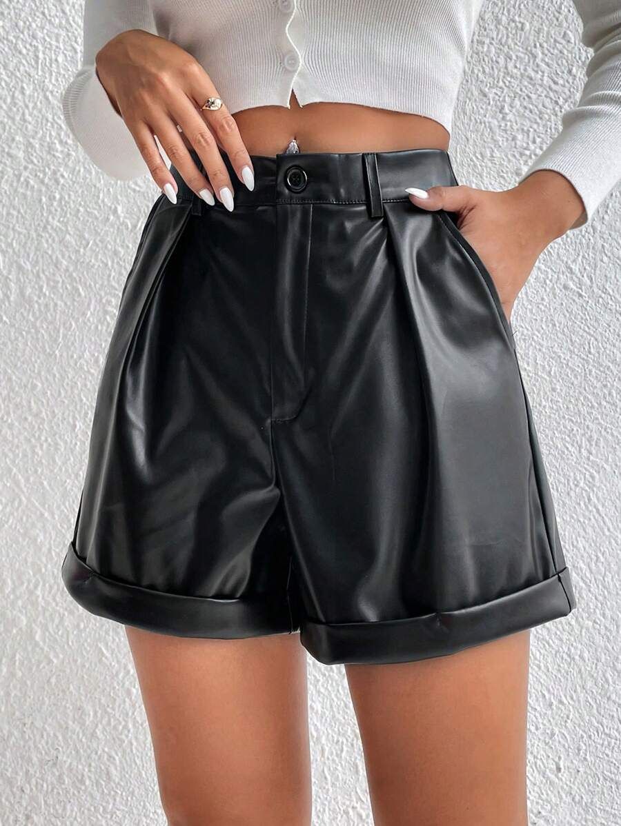 SHEIN BAE High Waist Roll Up Hem PU Leather Shorts | SHEIN