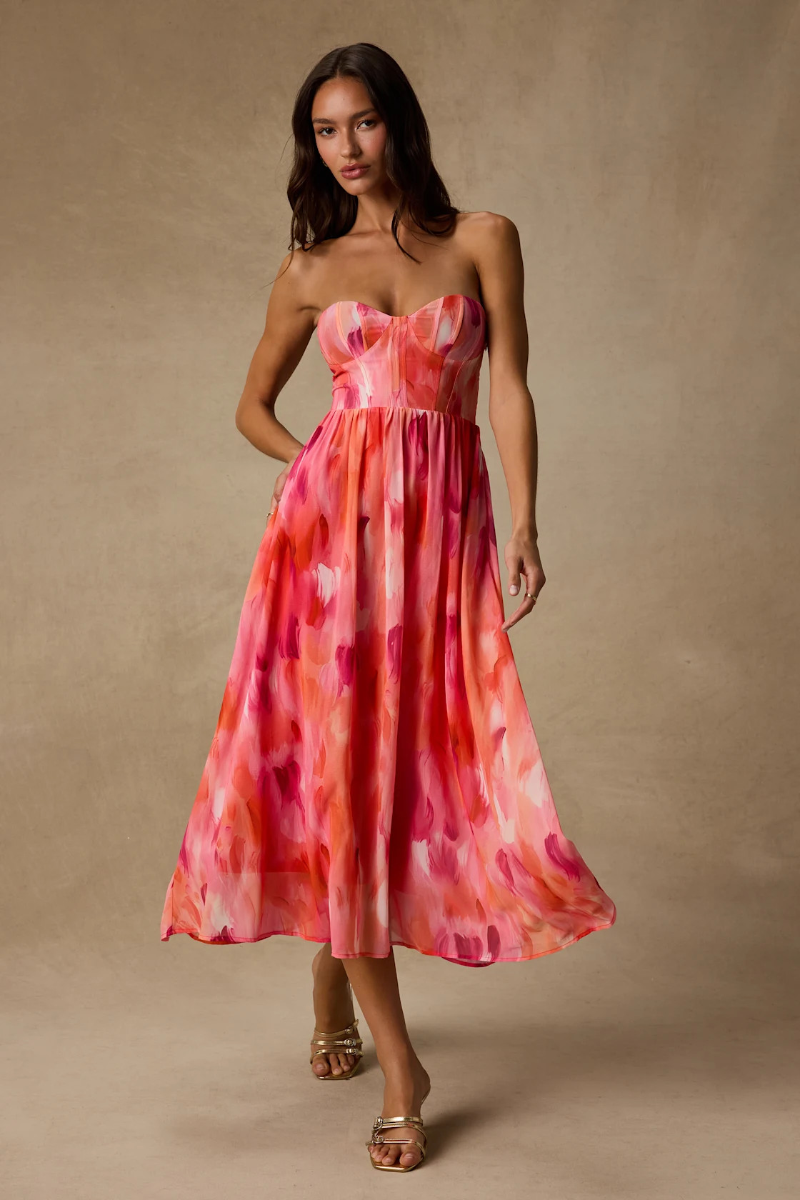 Aysel Coral Pink Abstract Strapless Bustier Midi Dress | Lulus