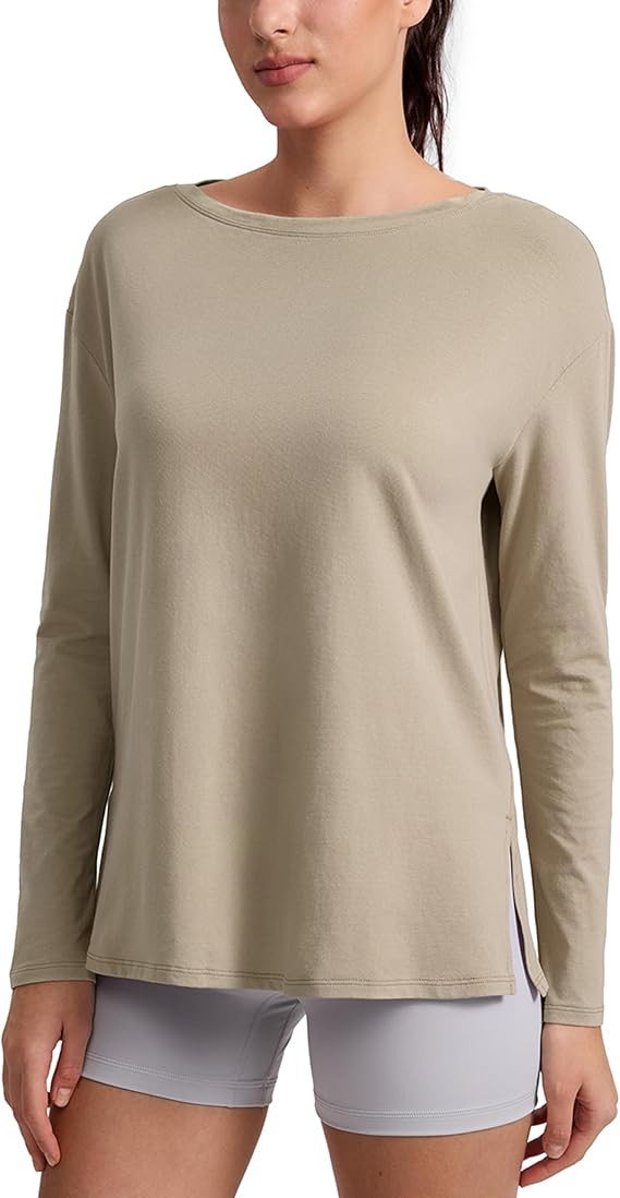 CRZ YOGA Cotton-Blend Long Sleeve Shirts for Women - Boat Neck Workout Athletic Casual Going Out ... | Amazon (US)