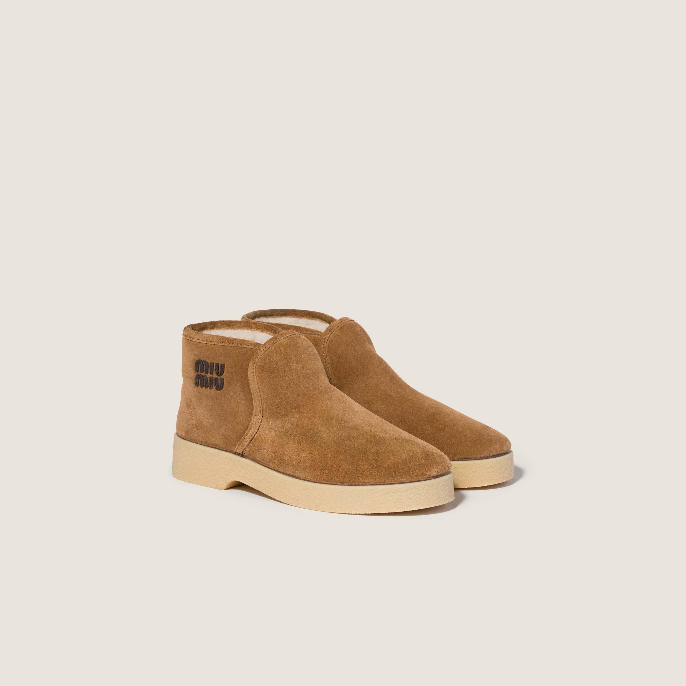 Cinnamon Suede And Shearling Slip-on Booties | Miu Miu | Miu Miu UK