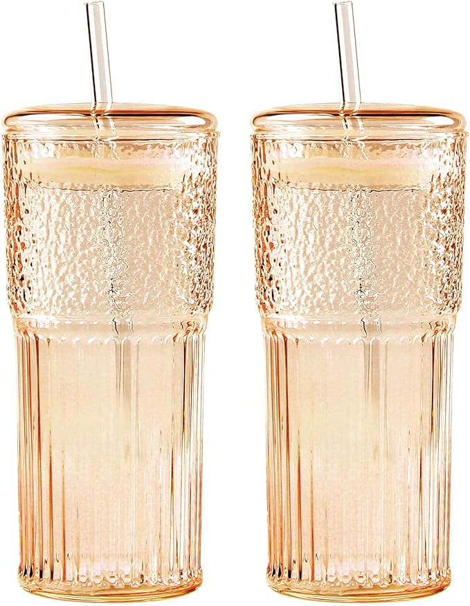 GOSCHE Glass Cups with Lids and Straws, 20oz Drinking Jar Glass Tumbler Iced Coffee Cups Set, Vin... | Amazon (US)