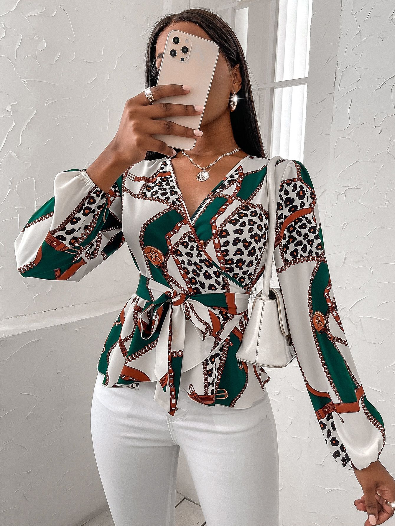 Chain & Leopard Print Belted Peplum Blouse | SHEIN