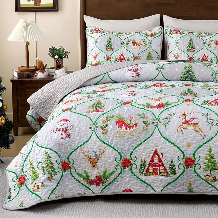 Yinhua 3 Piece Christmas Queen Quilt, Snowman Xmas Tree Reversible Queen Quilt Bedding Set with 2... | Amazon (US)
