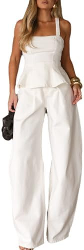 Wuitrie Women 2 Piece Outfits Sleeveless Strap Peplum Tops Wide Leg Pants Going Out Elegant Casua... | Amazon (US)