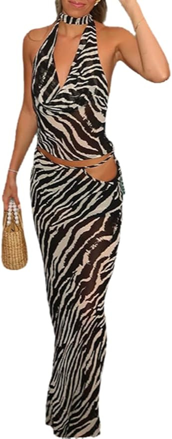 THLAI Women's 2 Piece Sexy Zebra Skirt Sets Halter Top Maxi Skirt Mesh Slim Summer Beach Outfits | Amazon (US)