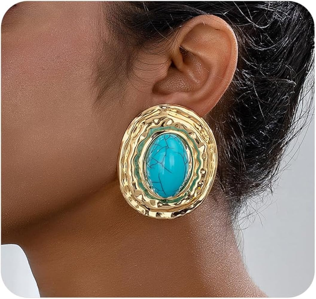 Chunky Gold Turquoise Statement Earrings for Women,Vintage Extra Big Oval Dangle Drop Earrings,Bo... | Amazon (US)