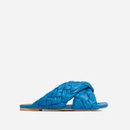 Vista Woven Cross Strap Square Toe Flat Slider Sandal In Blue Faux Leather | EGO Shoes (US & Canada)