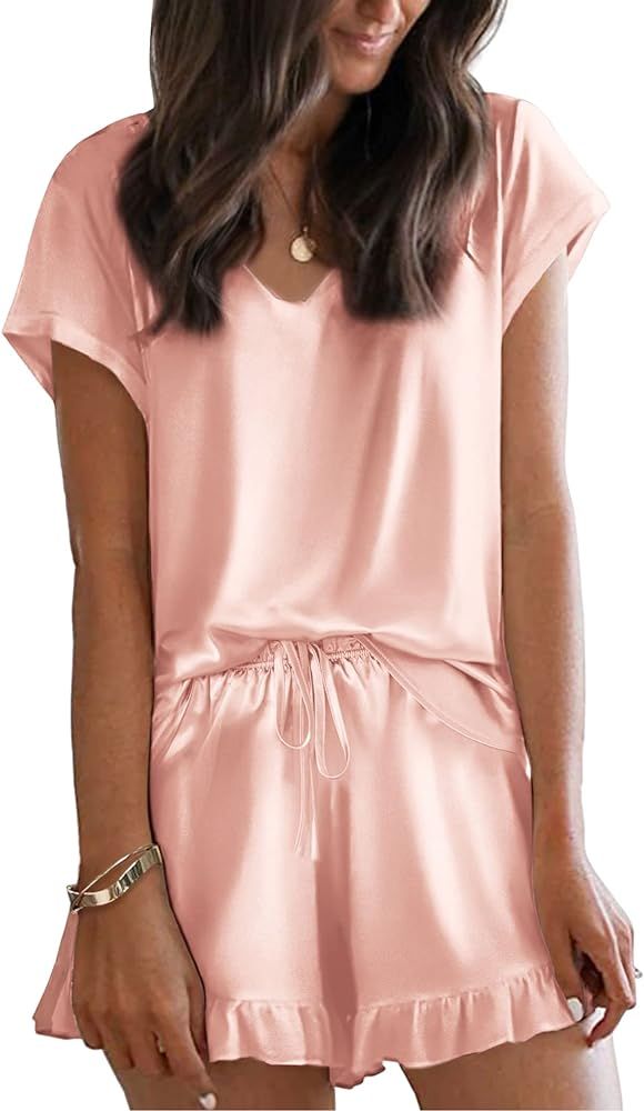 Ekouaer Silk Pajamas for Women Short Sleeve Satin Sleepwear Two Piece Pj Sets with Ruffled Shorts... | Amazon (US)