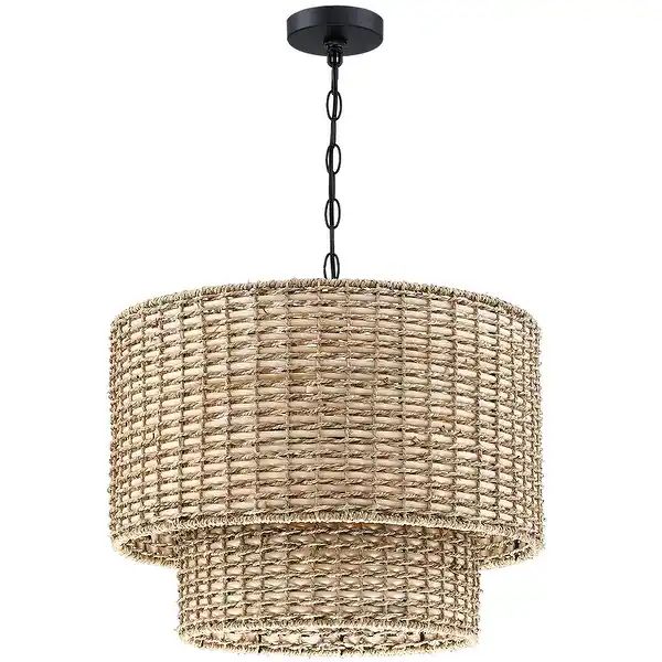 Lennie 20 in. 4-Light Rattan Tiered Drum Chandelier Light with Black Canopy - 20 in. W | Bed Bath & Beyond