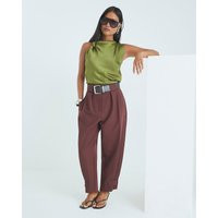 River Island Womens Petite Brown Belted Barrel Leg Trousers | River Island UK & IE
