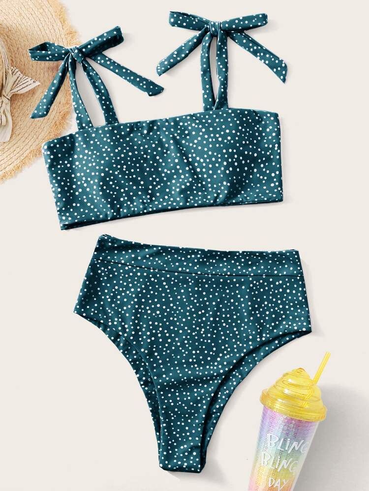 Polka Dot Tie Shoulder Bikini Swimsuit | SHEIN