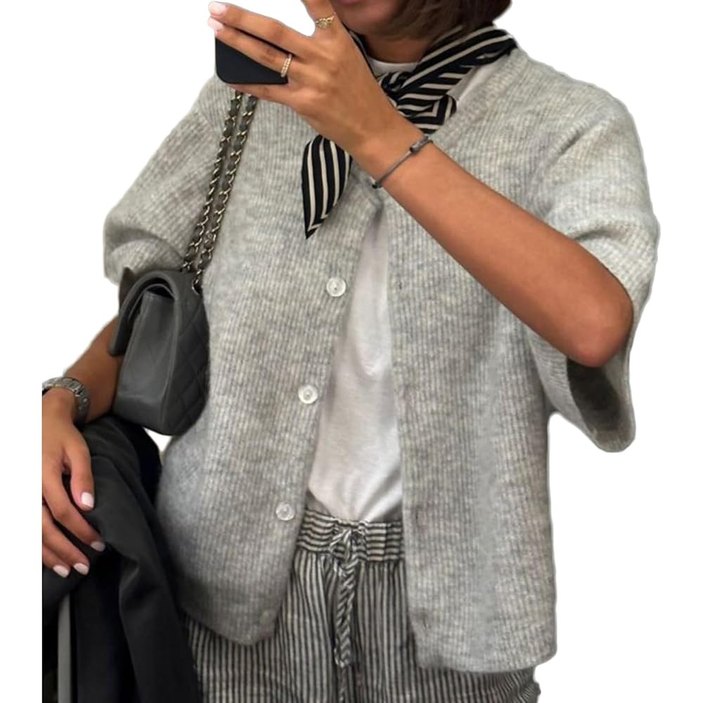 Women Y2k Knitted Crop Cardigan Short Sleeve Button Up Rib Knit Solid Color Cute Sweater Shirt (U... | Amazon (US)