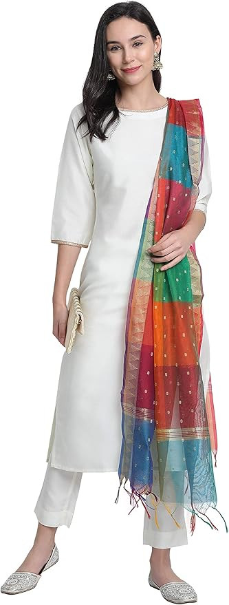 Janasya Indian Women's Beige Block Print Kurta with Palazzo and Dupatta | Amazon (US)