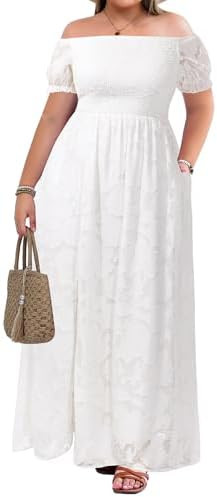 Holipick Women's Off The Shoulder Boho Dress Plus Size Floral Smocked Waist Split Summer Maxi Sun... | Amazon (US)