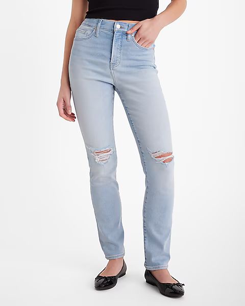 High Waisted Light Wash Ripped '90s Slim Jeans | Express (Pmt Risk)