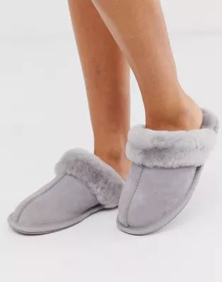 ASOS DESIGN Zella premium sheepskin slippers in pale gray | ASOS (Global)