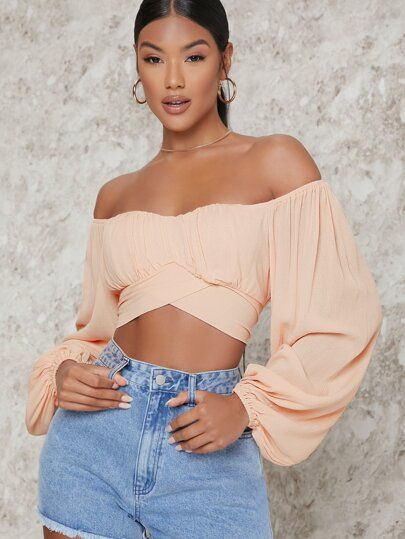 SHEIN Off-the-Shoulder Peasant Sleeve Self-Tie Crop Top | SHEIN