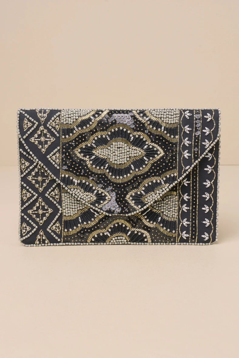 Etched in Stone Black Beaded Clutch | Lulus