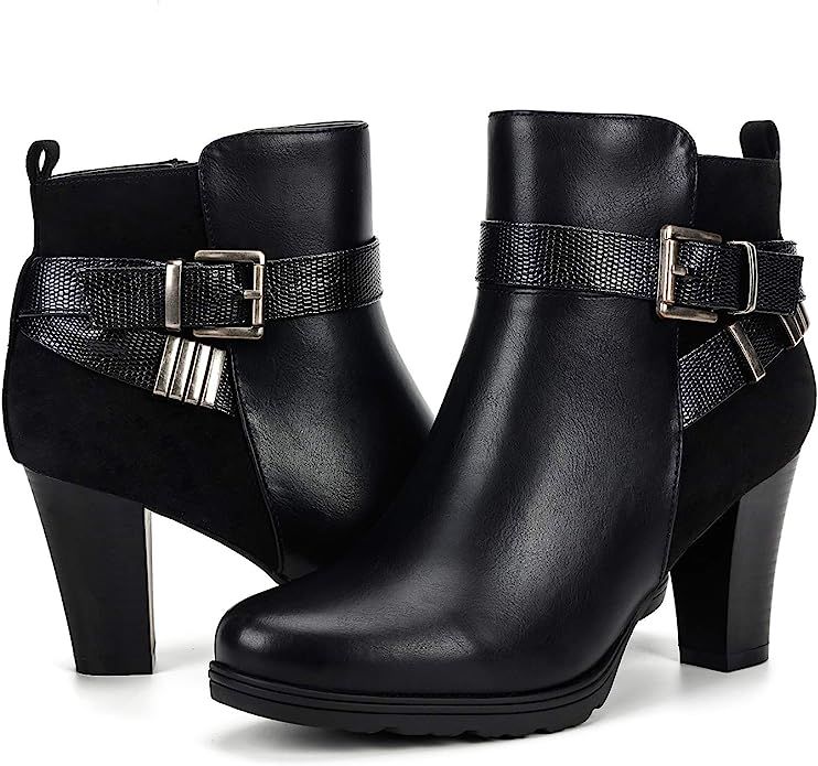 mysoft Women's Zipper Bootie Chunky Stacked Heel Ankle Boots Buckle Strap Ankle | Amazon (US)